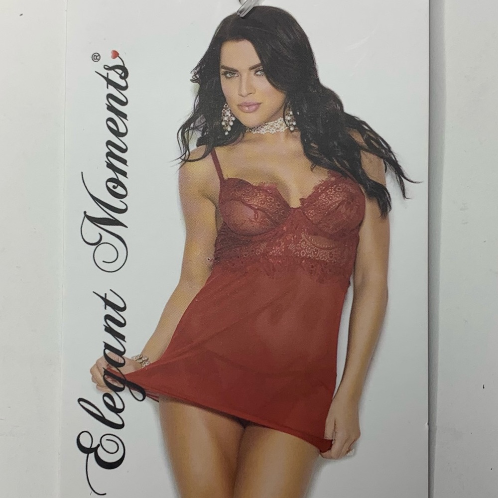 Elegant Moments Wine Red Lace Adjustable Straps Slip With Thong